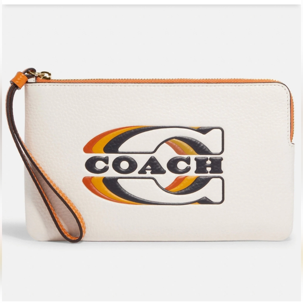 COACH Large corner zip wristlet with Coach stamp. Color: Gold/Khakhi Chalk Multi - Picture 3 of 10